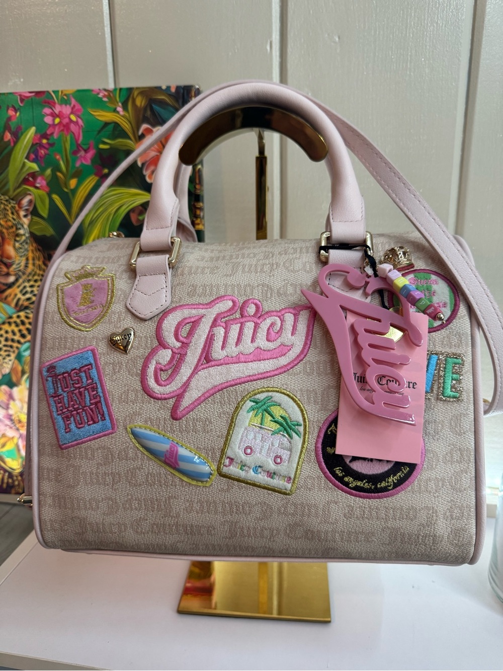 AMAZING Juicy Couture Canvas Satchel w/ Stylish Patchwork & Bag Charms ADORABLE